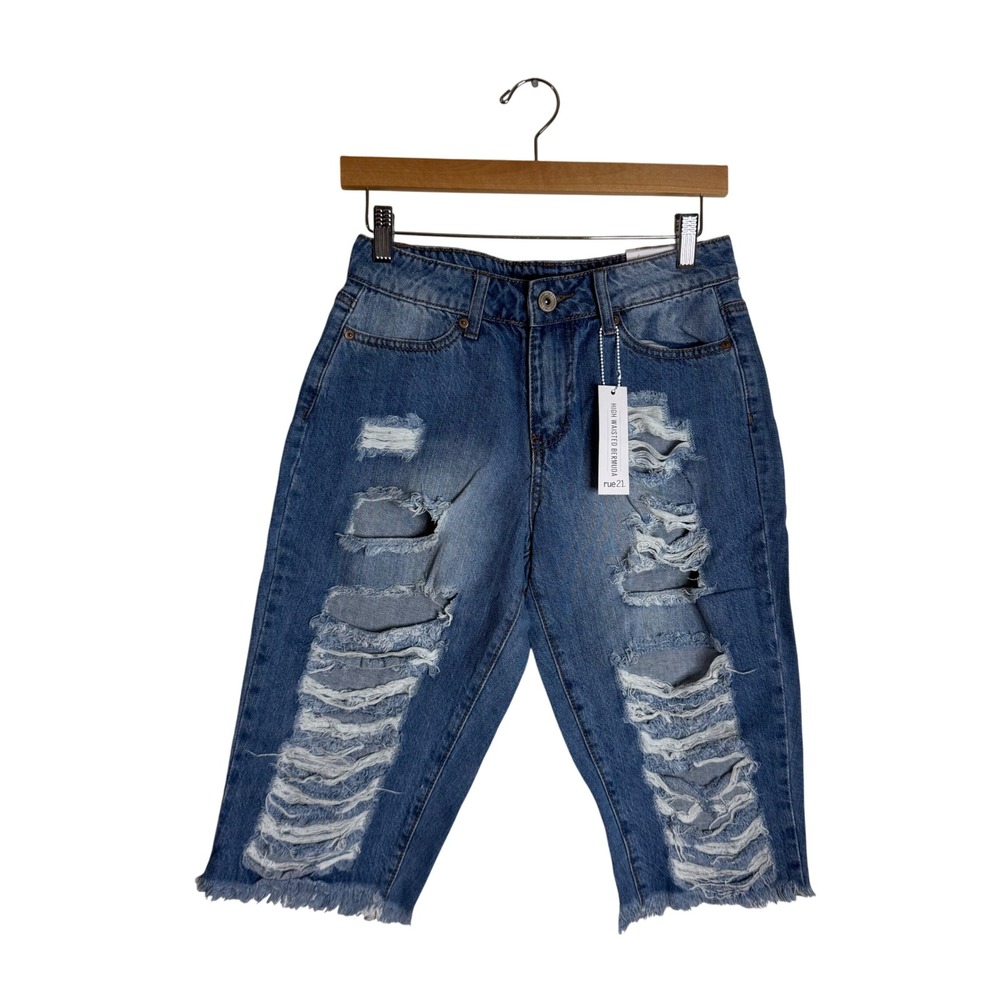 rue21 Girls High Waisted Bermuda Distressed Jean Shorts Blue Size 4